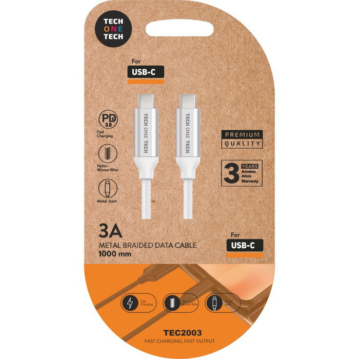 Tech One Tech Cable USB-C a USB-C de Nylon 1m Blanco TEC2204 Tech One Tech Cable USB-C a USB-C de Nylon 1m Blanco TEC2204
